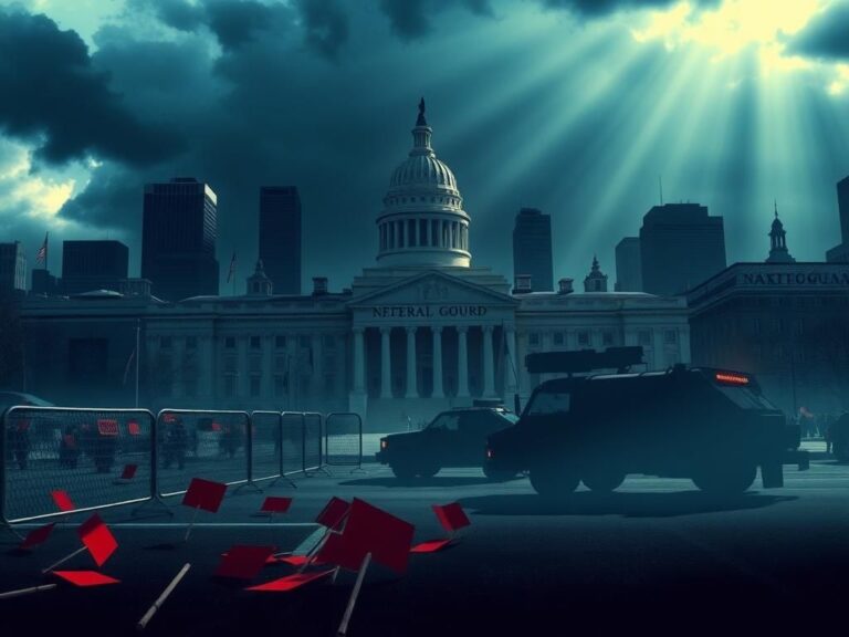 Flick International Dramatic scene of a fortified cityscape highlighting the tension between federal authority and local governance