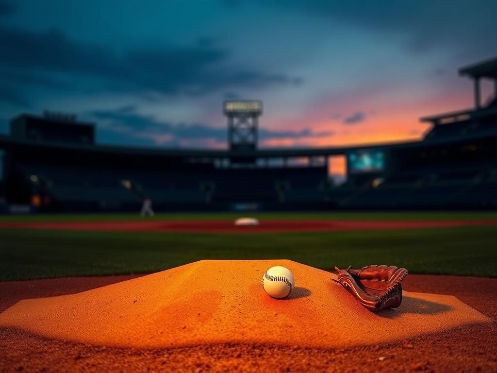 Flick International Dusk baseball diamond with pitcher's mound and discarded glove