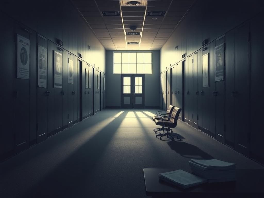 Flick International A dramatic empty hallway in a federal office building symbolizing potential layoffs