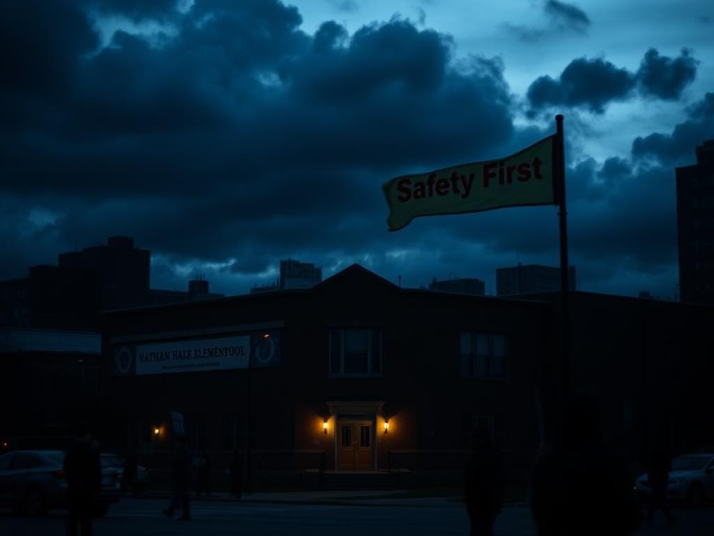 Flick International Somber Chicago cityscape featuring Nathan Hale Elementary School amidst dark clouds