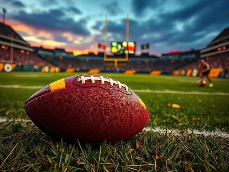 Flick International A vibrant football field symbolizing the rivalry between the Pittsburgh Steelers and Green Bay Packers under a twilight sky.