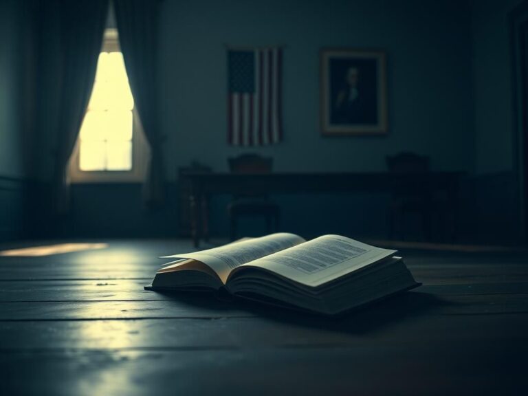 Flick International Somber scene showcasing an empty room with a vintage desk and an open memoir, reflecting political tension