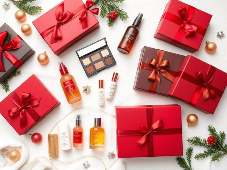 Flick International A beautifully arranged selection of holiday beauty gift sets on a soft, snow-white background.