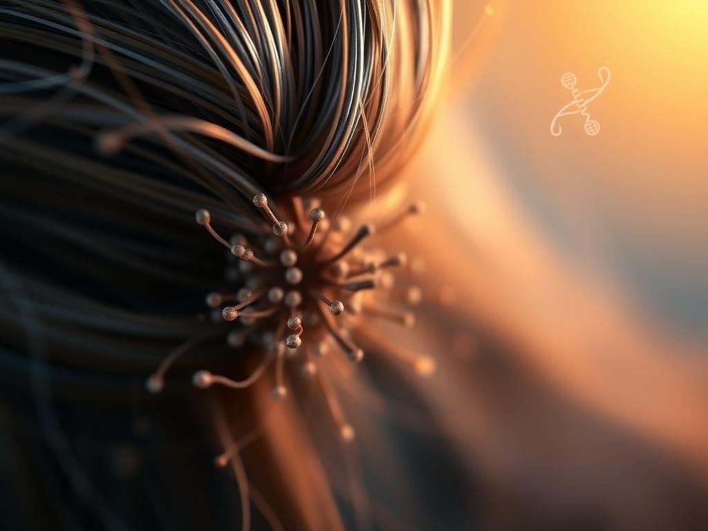 Flick International Close-up of a healthy hair follicle with pigment-producing stem cells showcasing shades of gray, black, and brown