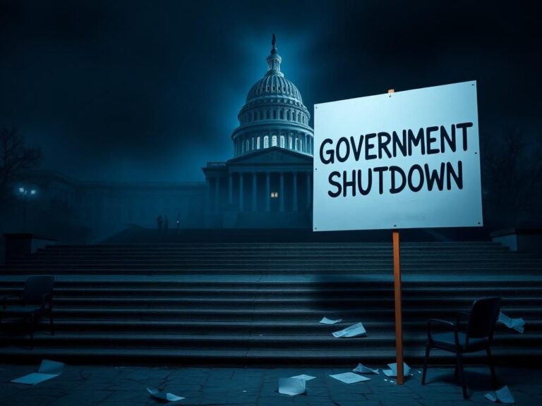 Flick International Dimly lit U.S. Capitol building shrouded in fog with a cracked staircase symbolizing political turmoil