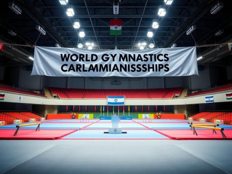 Flick International Empty gymnastics arena with colorful mats and uneven bars under bright lights, highlighting the absence of athletes.