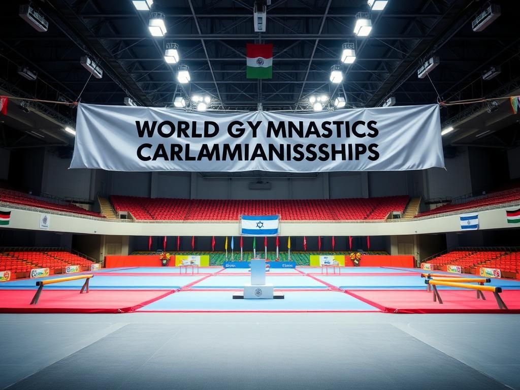 Flick International Empty gymnastics arena with colorful mats and uneven bars under bright lights, highlighting the absence of athletes.