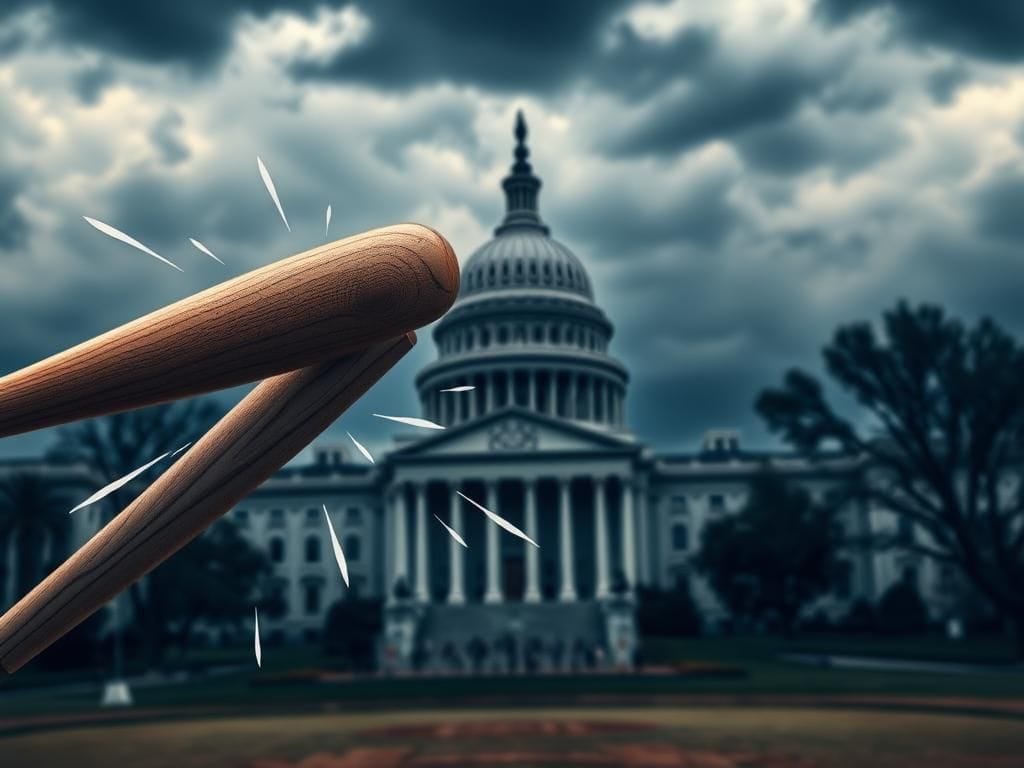 Flick International A baseball bat mid-swing striking a government building, symbolizing the clash between sports and politics.