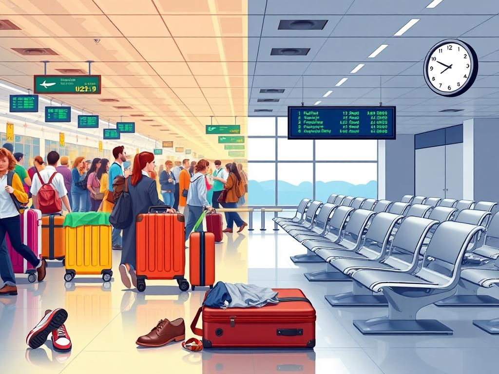 Flick International A bustling airport terminal scene contrasting chaotic travel excitement with a serene waiting area.