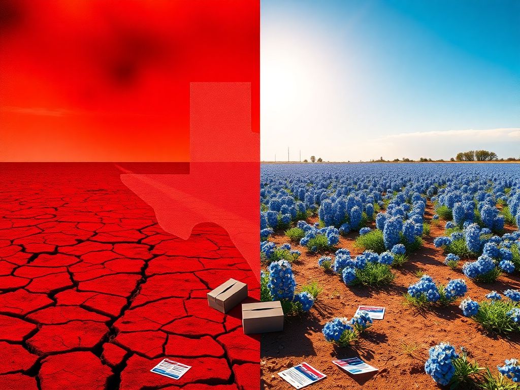 Flick International Split image contrasting barren red landscape with vibrant bluebonnet field