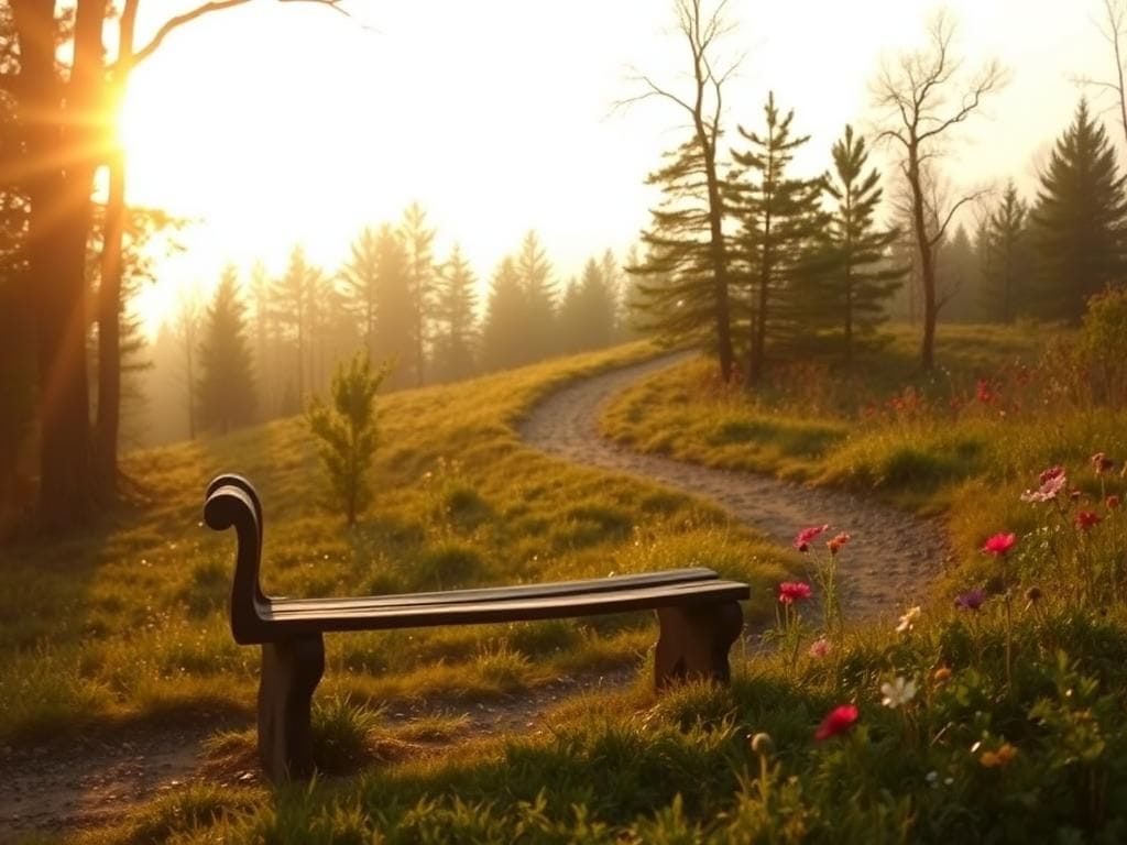 Flick International A serene dawn landscape depicting a winding path through a lush forest symbolizing recovery and transformation