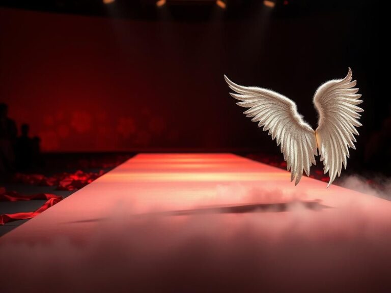 Flick International Bella Hadid on a dimly lit runway adorned with flowing red and silver drapery.