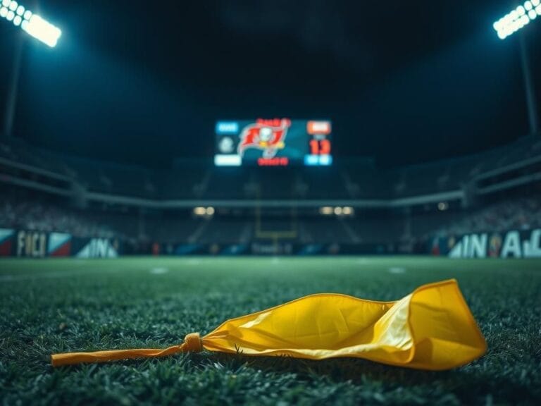 Flick International Close-up of a yellow penalty flag on a football field at night