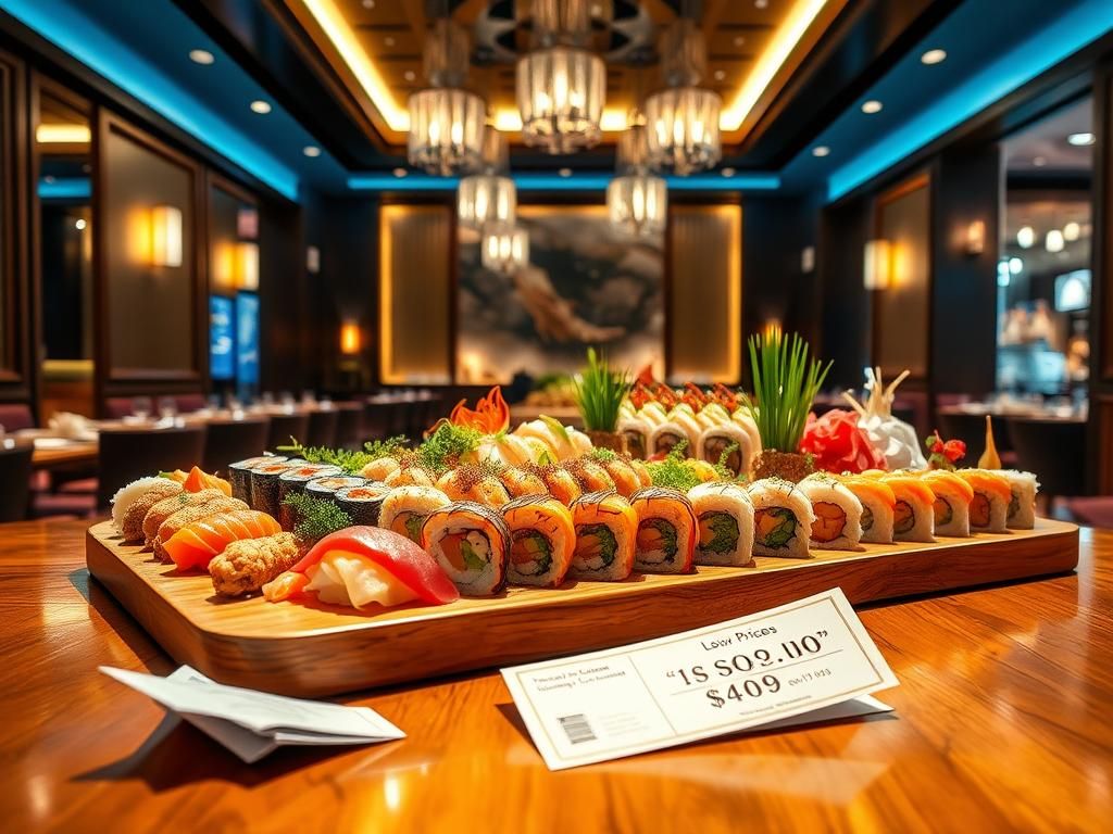 Flick International Vibrant interior of a high-end sushi restaurant featuring an extravagant sushi platter with various rolls and sashimi.