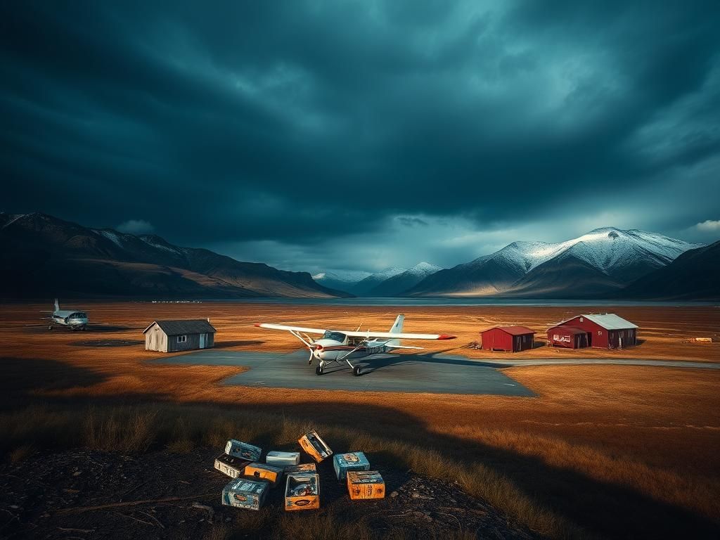 Flick International Aerial view of a small Alaskan village with a solitary Cessna U206D and cases of beer in the foreground