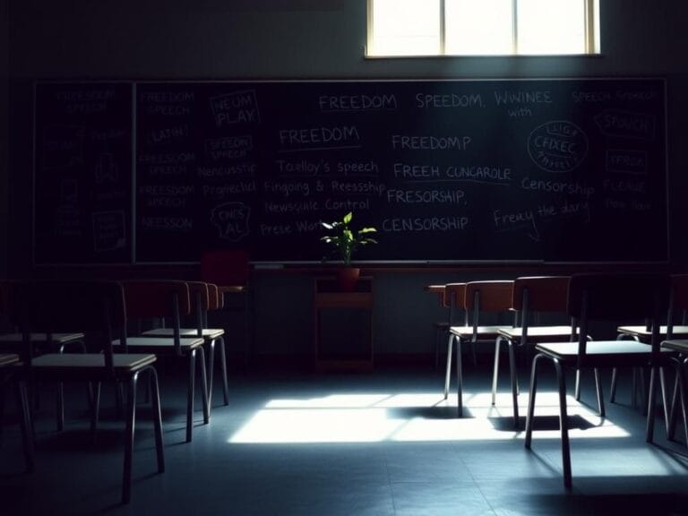 Flick International Dimly lit classroom with empty desks symbolizing the impact of ideological control on education