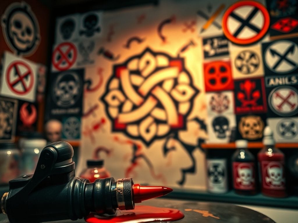 Flick International Close-up of a tattoo machine with vibrant ink colors in a dimly lit tattoo parlor