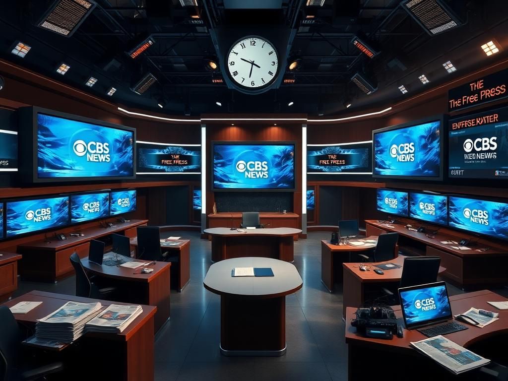 Flick International A dramatic newsroom scene filled with sleek desks and CBS News screens.