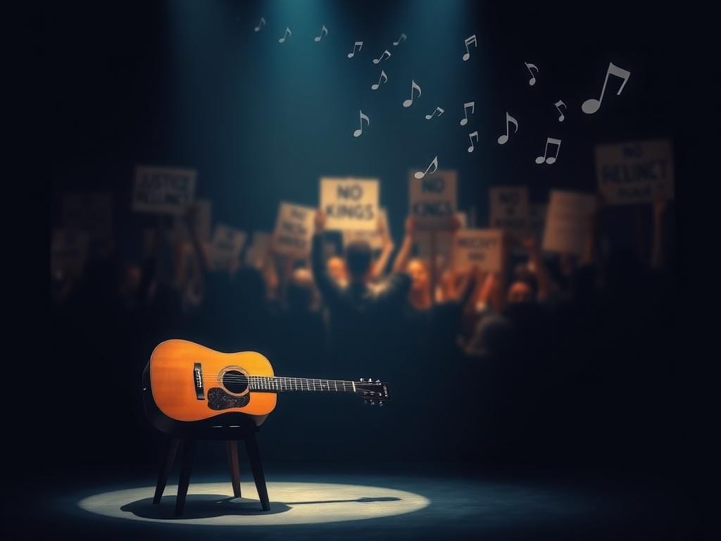 Flick International Dimly lit stage with an antique wooden guitar and abstract protest imagery