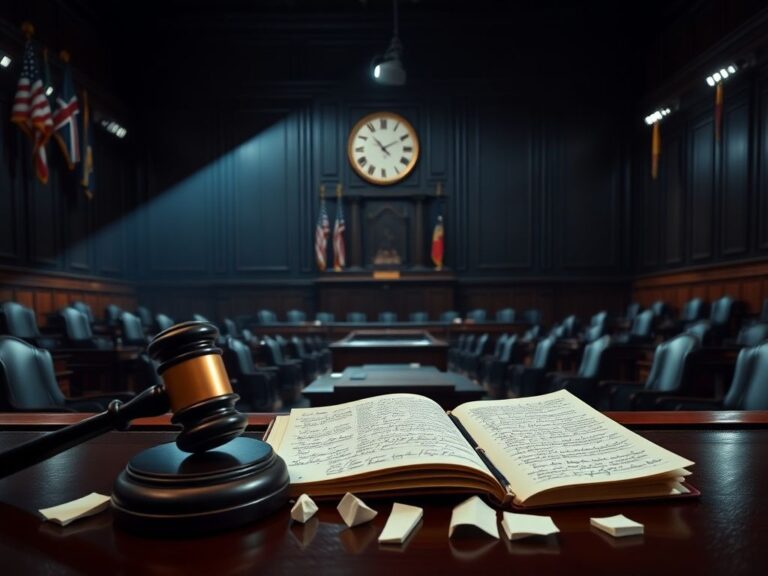 Flick International Dimly lit empty Senate chamber featuring iconic senator desks with a prominent gavel in the foreground