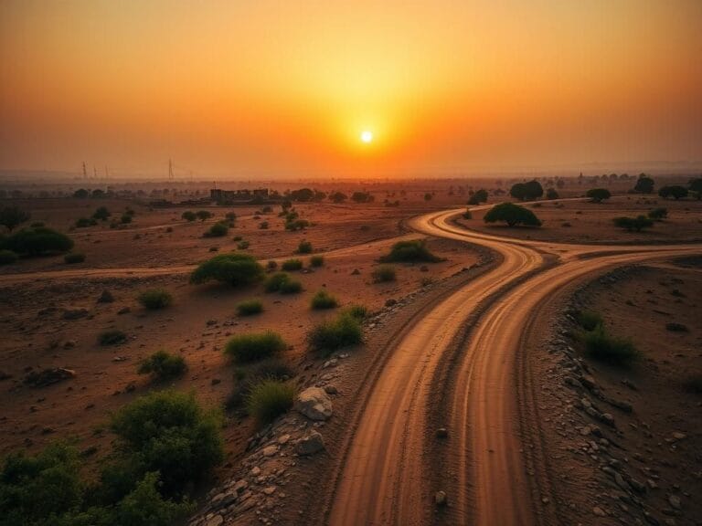 Flick International Aerial view of the Niger countryside highlighting the rugged landscape and dirt road symbolizing the journey of the kidnapped missionary