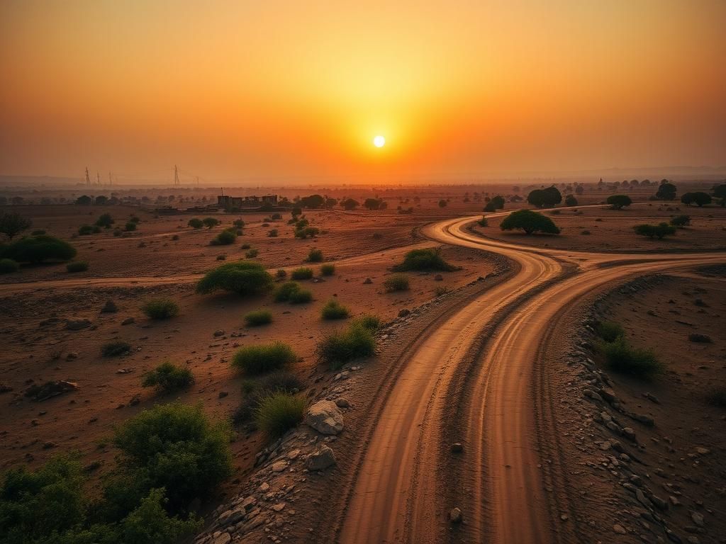 Flick International Aerial view of the Niger countryside highlighting the rugged landscape and dirt road symbolizing the journey of the kidnapped missionary