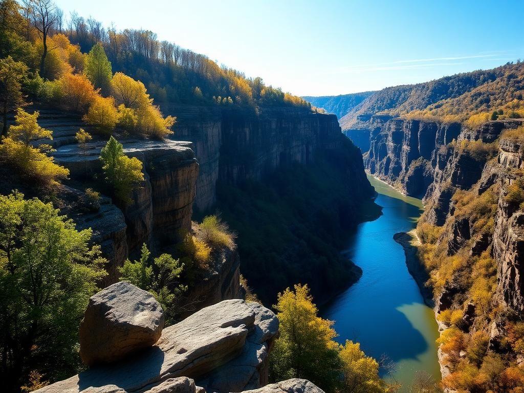 Flick International A breathtaking view of the Buffalo National River with a steep bluff and autumn foliage