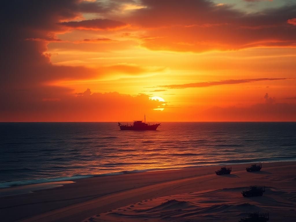 Flick International silhouetted abandoned boat on a calm ocean at sunset representing drug smuggling threats