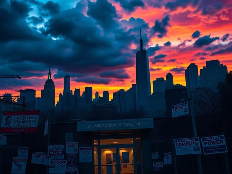 Flick International A dramatic skyline of New York City at dusk with campaign posters for mayoral candidates