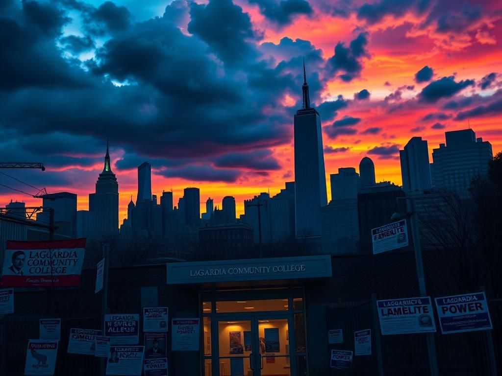 Flick International A dramatic skyline of New York City at dusk with campaign posters for mayoral candidates