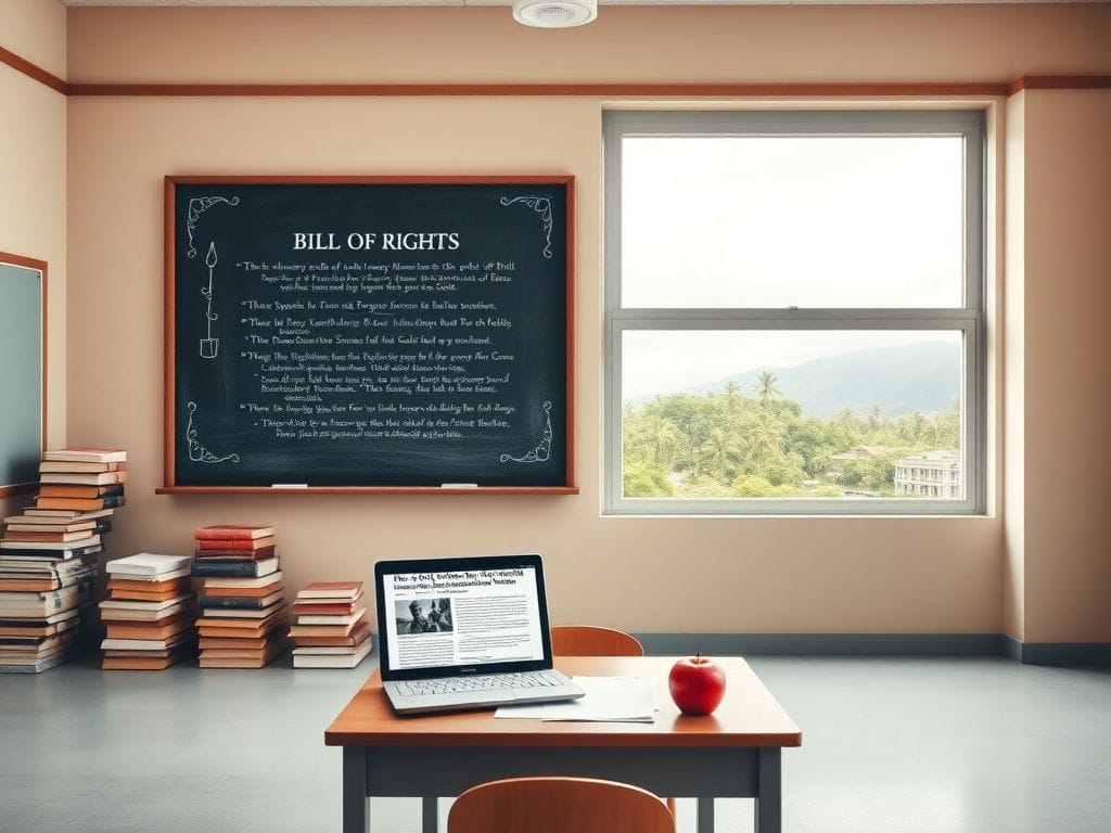 Flick International Classroom setting with Bill of Rights displayed and educational materials