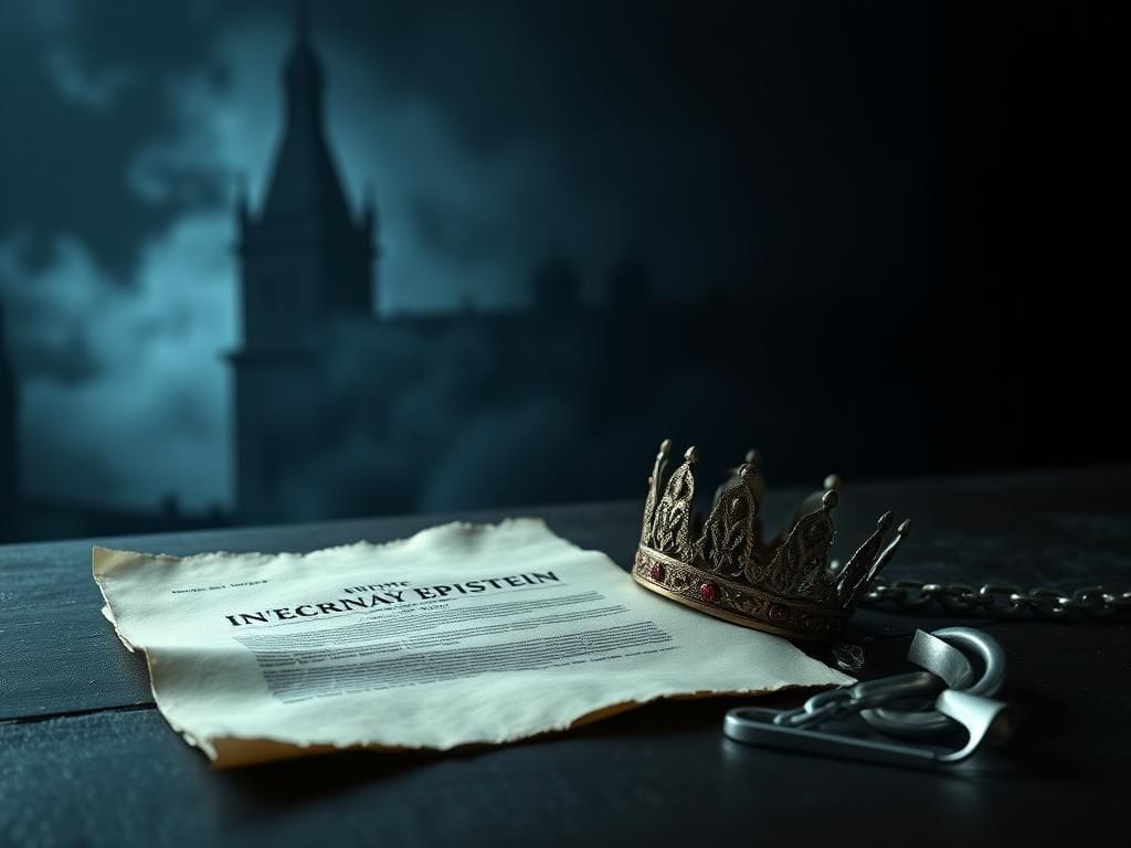 Flick International A shadowy regal building with a tattered subpoena document on a dark table