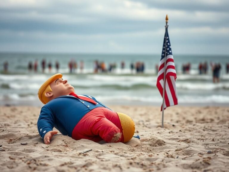 Flick International Man in an inflatable Trump costume at a beach protest site