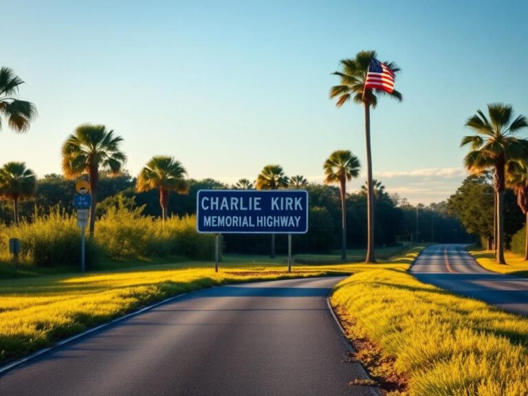 Flick International Highway sign reading 'Charlie Kirk Memorial Highway' in Claremont, Florida