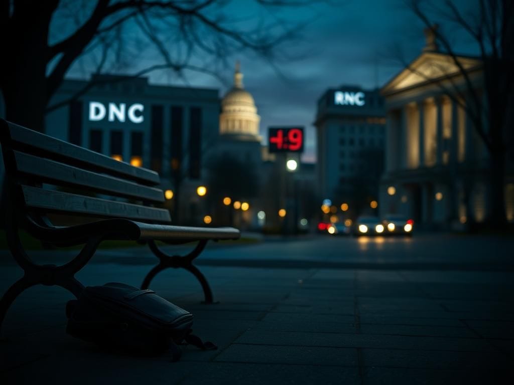 Flick International Dimly lit urban street scene featuring the DNC and RNC buildings with a shadowy park bench and an unmarked backpack.