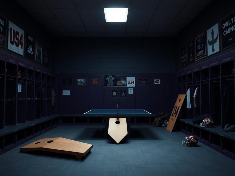 Flick International A dimly lit locker room with empty spaces for recreational items, reflecting a serious team atmosphere