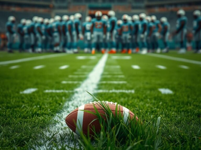 Flick International Close-up view of a football field with turf and yard lines, featuring a football on the ground.
