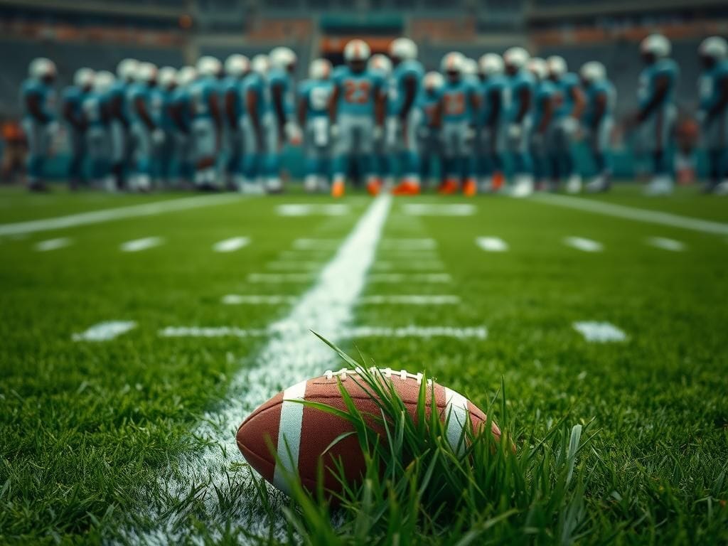 Flick International Close-up view of a football field with turf and yard lines, featuring a football on the ground.
