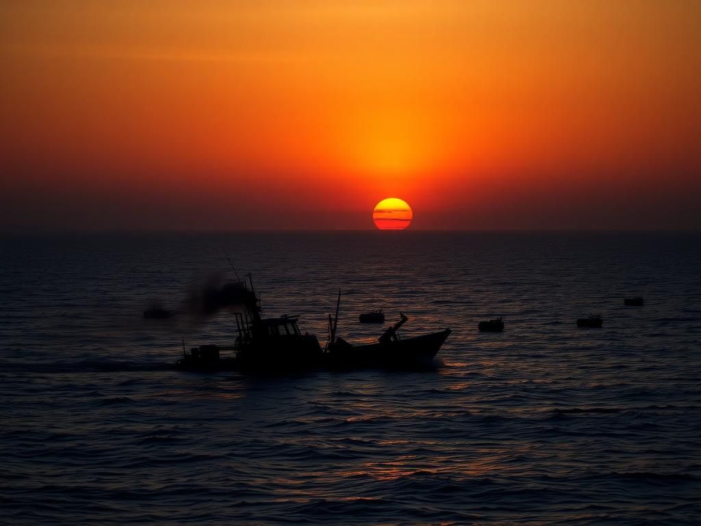 Flick International Dramatic sunset over the Eastern Pacific Ocean with a shattered boat in the foreground, symbolizing the aftermath of a military strike against narco-traffickers.