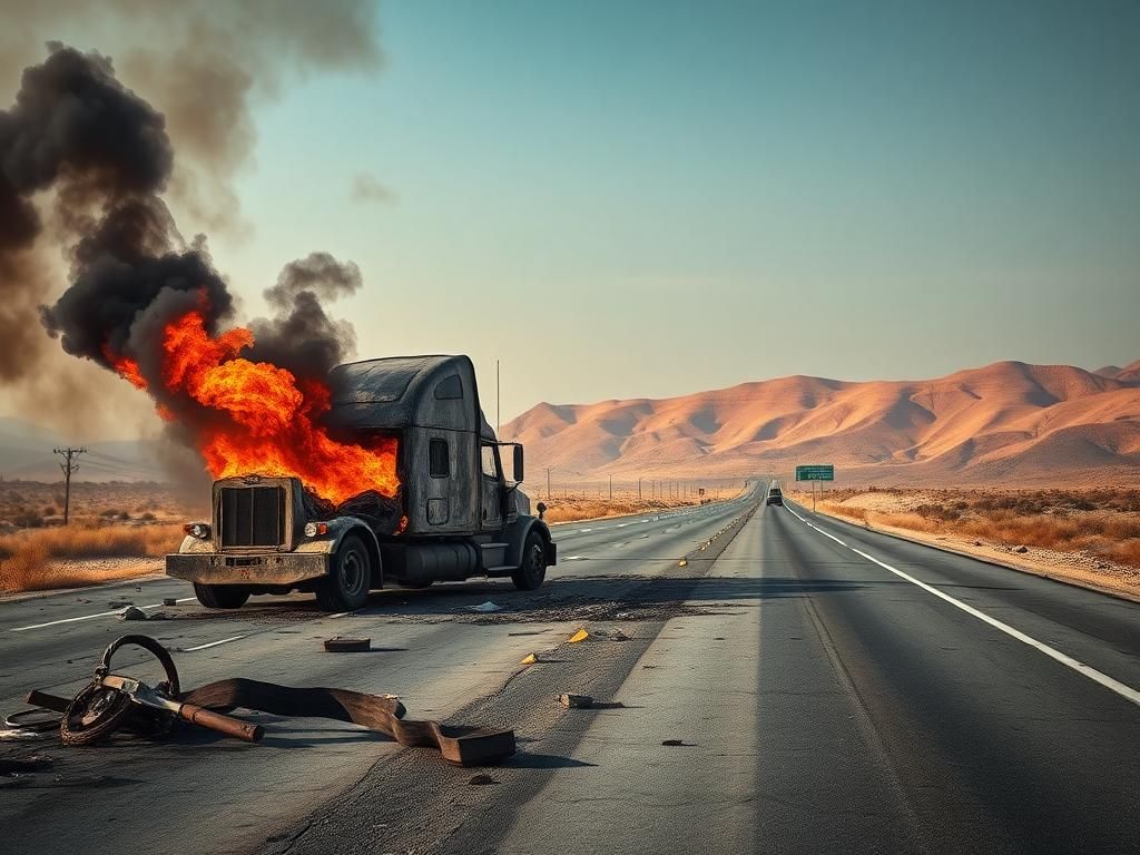 Flick International A charred big rig in the aftermath of a fatal truck accident on the I-10 Freeway in Southern California