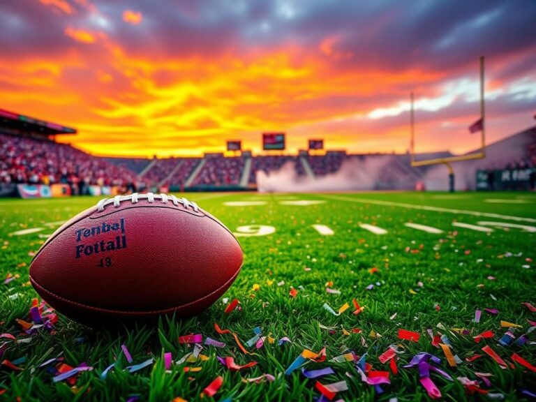 Flick International Vibrant NFL football field post-touchdown celebration with confetti and sunset