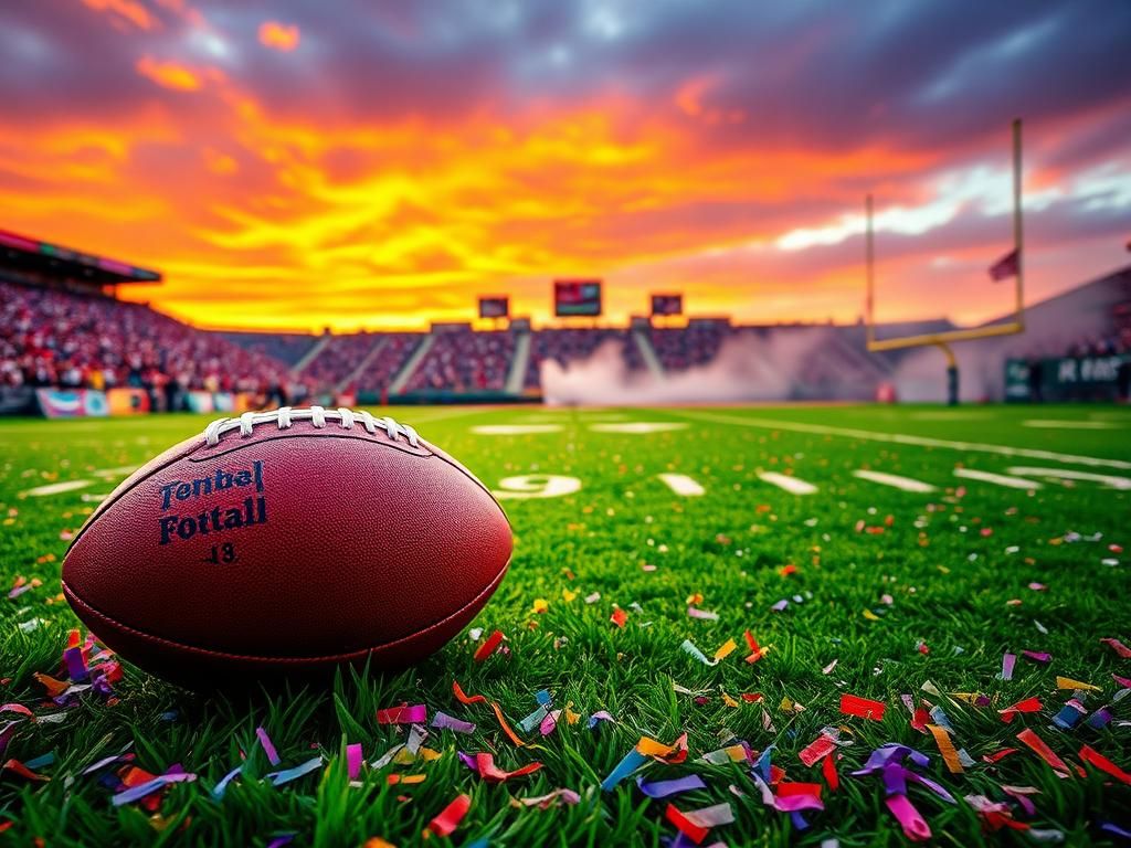 Flick International Vibrant NFL football field post-touchdown celebration with confetti and sunset