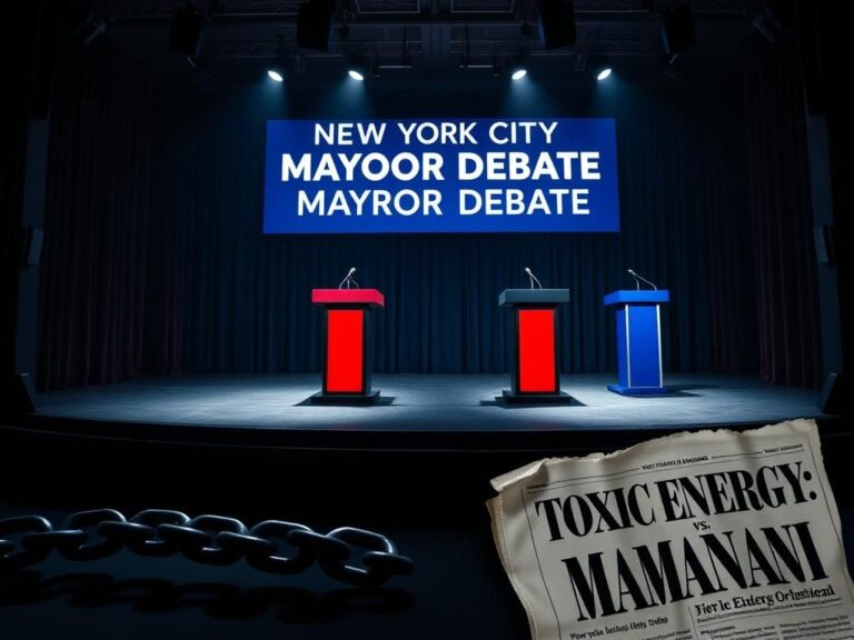 Flick International Dramatic scene of an empty stage set for a mayoral debate in a dimly lit auditorium