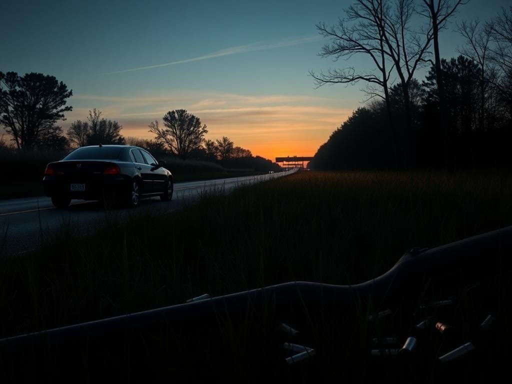 Flick International A deserted Southern State Parkway at twilight with a black sedan parked on the shoulder, evoking mystery and isolation.