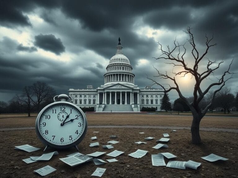 Flick International A surreal depiction of an empty Capitol Building under stormy skies symbolizing a government shutdown
