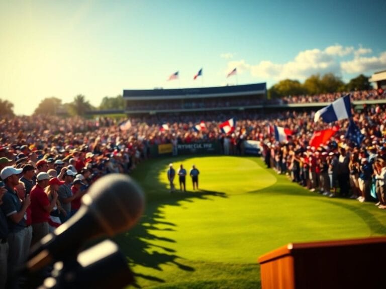 Flick International A vibrant golf course scene at the Ryder Cup with cheering fans in the background and a focus on the first tee area.