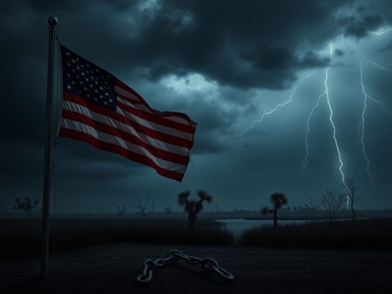 Flick International Weathered American flag at half-mast symbolizing mourning and unrest amidst a stormy sky in Louisiana