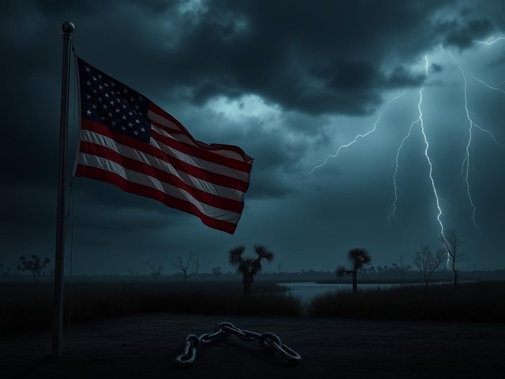 Flick International Weathered American flag at half-mast symbolizing mourning and unrest amidst a stormy sky in Louisiana
