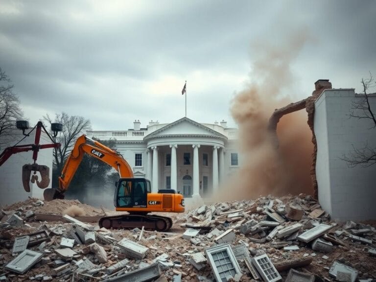 Flick International Backhoe excavator demolishing the East Wing of the White House, with debris rising into the air.