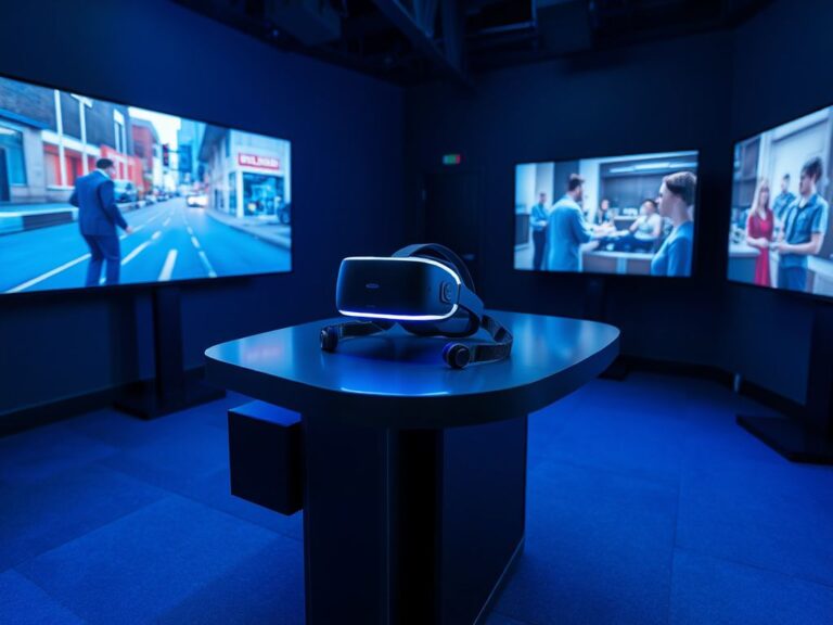 Flick International A police officer using a virtual reality headset in a realistic training environment